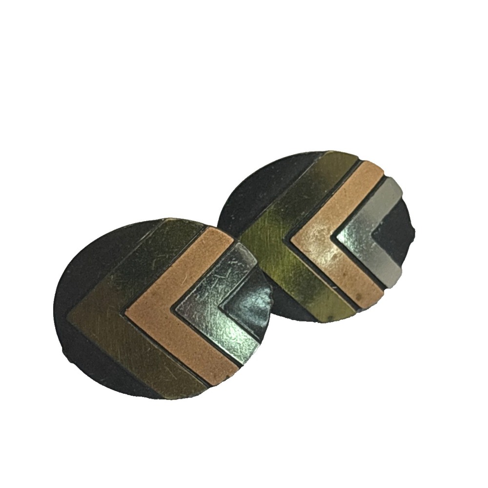 Chevron Gold Tone Black & Copper Vintage Oval Earrings Stud Vintage 70s